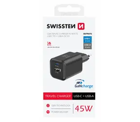 SWISSTEN Síťový adaptér GaN USB-C/USB-A černá / 45W / QC / PD