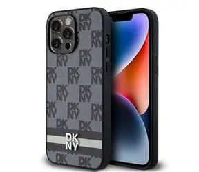 DKNY PU Leather Checkered Pattern and Stripe Zadní Kryt pro Apple iPhone 15 Pro Max černá
