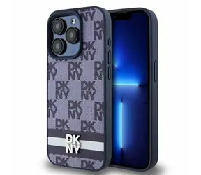 DKNY PU Leather Checkered Pattern and Stripe Zadní Kryt pro Apple iPhone 15 Pro Max modrá
