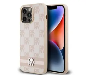DKNY PU Leather Checkered Pattern and Stripe Zadní Kryt pro Apple iPhone 15 Pro Max růžová