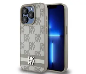 DKNY PU Leather Checkered Pattern and Stripe Zadní Kryt pro Apple iPhone 15 Pro béžová