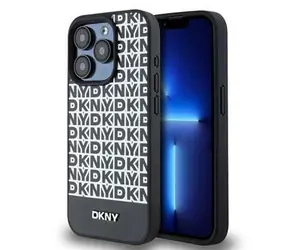 DKNY PU Leather Repeat Pattern Bottom Stripe MagSafe Zadní Kryt pro Apple iPhone 15 Pro černá