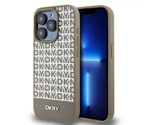 DKNY PU Leather Repeat Pattern Bottom Stripe MagSafe Zadní Kryt pro Apple iPhone 15 Pro hnědá