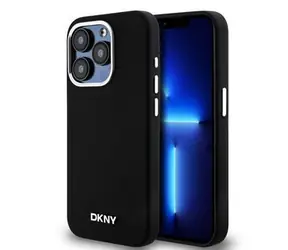 DKNY Liquid Silicone Silver Metal Logo Magsafe Zadní Kryt pro Apple iPhone 15 Pro černá