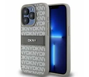 DKNY PU Leather Repeat Pattern Tonal Stripe Zadní Kryt pro Apple iPhone 14 Pro Max béžová