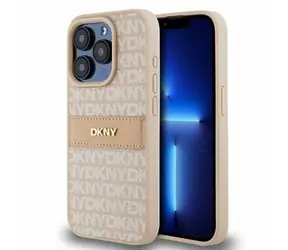 DKNY PU Leather Repeat Pattern Tonal Stripe Zadní Kryt pro Apple iPhone 14 Pro růžová