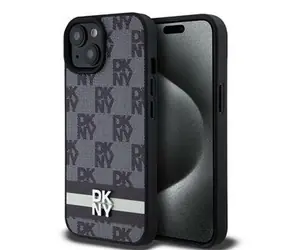 DKNY PU Leather Checkered Pattern and Stripe Zadní Kryt pro Apple iPhone 15 černá