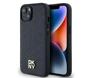 DKNY PU Leather Repeat Pattern Stack Logo Magsafe Zadní Kryt pro Apple iPhone 15 černá
