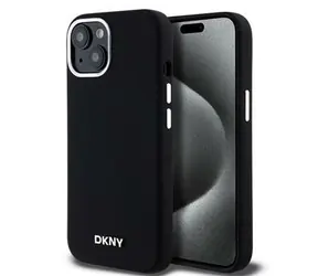 DKNY Liquid Silicone Silver Metal Logo Magsafe Zadní Kryt pro Apple iPhone 15 černá