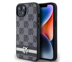 DKNY PU Leather Checkered Pattern and Stripe Zadní Kryt pro Apple iPhone 14 černá