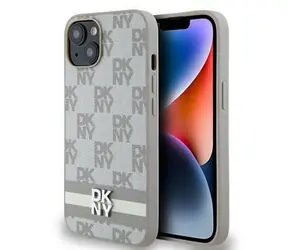 DKNY PU Leather Checkered Pattern and Stripe Zadní Kryt pro Apple iPhone 14 béžová