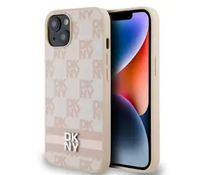 DKNY PU Leather Checkered Pattern and Stripe Zadní Kryt pro Apple iPhone 14 růžová