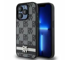 DKNY PU Leather Checkered Pattern and Stripe Zadní Kryt pro Apple iPhone 13 Pro černá