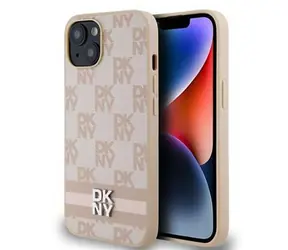 DKNY PU Leather Checkered Pattern and Stripe Zadní Kryt pro Apple iPhone 13 růžová