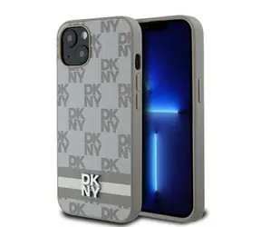 DKNY PU Leather Checkered Pattern and Stripe Zadní Kryt pro Apple iPhone 13 béžová