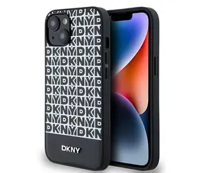 DKNY PU Leather Repeat Pattern Bottom Stripe MagSafe Zadní Kryt pro Apple iPhone 13 černá