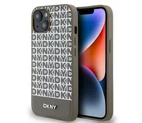 DKNY PU Leather Repeat Pattern Bottom Stripe MagSafe Zadní Kryt pro Apple iPhone 13 hnědá