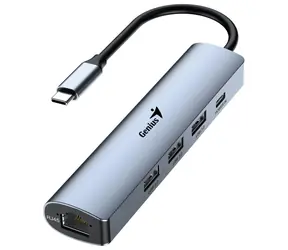 Genius UH-545 šedá / USB Hub / USB-C / 3x USB-A 3.0 / RJ45 1Gbps