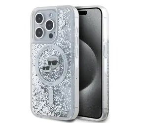 Karl Lagerfeld Liquid Glitter Choupette Head MagSafe Zadní Kryt pro Apple iPhone 15 Pro čirá