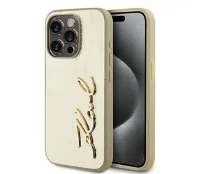 Karl Lagerfeld Wrinkled PU Signature Logo Zadní Kryt pro Apple iPhone 15 Pro zlatá