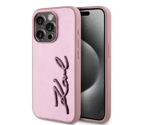 Karl Lagerfeld Wrinkled PU Signature Logo Zadní Kryt pro Apple iPhone 15 Pro růžová
