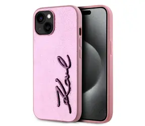 Karl Lagerfeld Wrinkled PU Signature Logo Zadní Kryt pro Apple iPhone 15 růžová