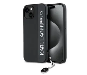 Karl Lagerfeld PU Saffiano Rhinestone Charm Zadní Kryt pro Apple iPhone 15 černá