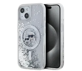 Karl Lagerfeld Liquid Glitter Karl and Choupette Heads MagSafe Zadní Kryt pro Apple iPhone 15 čirá