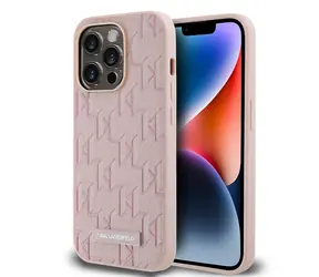 Karl Lagerfeld PU Leather Monogram Metal Logo Magsafe Zadní Kryt pro Apple iPhone 14 Pro Max růžová