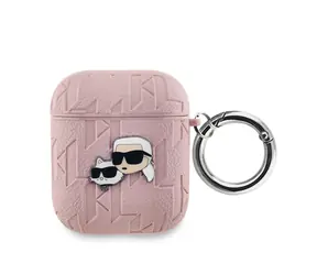 Karl Lagerfeld PU Embossed Karl and Choupette Heads Pouzdro pro Apple AirPods 1/2 růžová