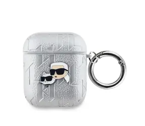 Karl Lagerfeld PU Embossed Karl and Choupette Heads Pouzdro pro Apple AirPods 1/2 stříbrná