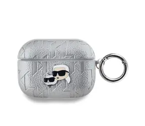 Karl Lagerfeld PU Embossed Karl and Choupette Heads Pouzdro pro Apple AirPods Pro stříbrná