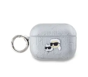 Karl Lagerfeld PU Embossed Karl and Choupette Heads Pouzdro pro Apple AirPods Pro 2 stříbrná