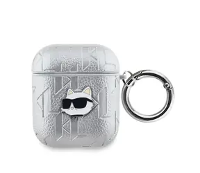 Karl Lagerfeld PU Embossed Choupette Head Pouzdro pro Apple AirPods 1/2 stříbrná