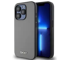 DKNY PU Leather Silver Metal Logo Magsafe Zadní Kryt pro Apple iPhone 15 Pro Max šedá