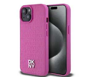DKNY PU Leather Repeat Pattern Stack Logo Magsafe Zadní Kryt pro Apple iPhone 15 růžová