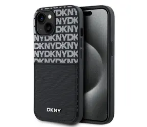 DKNY PU Leather Repeat Pattern Card Pocket Zadní Kryt pro Apple iPhone 15 černá