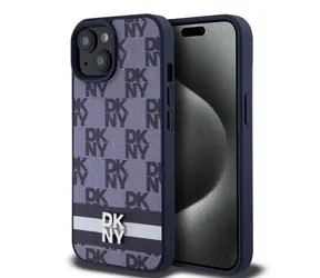 DKNY PU Leather Checkered Pattern and Stripe Zadní Kryt pro Apple iPhone 15 modrá