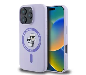 Karl Lagerfeld Liquid Silicone Karl and Choupette MagSafe Zadní Kryt pro Apple iPhone 16 Pro Max fialová