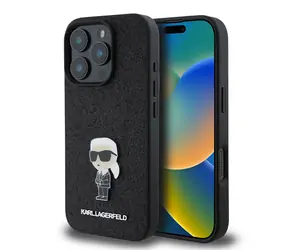 Karl Lagerfeld Fixed Glitter Metal Ikonik Zadní Kryt pro Apple iPhone 16 Pro černá