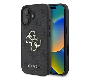 Guess PU 4G Metal Logo Zadní Kryt pro Apple iPhone 16 Plus šedá
