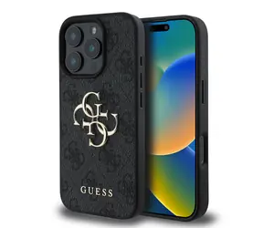 Guess PU 4G Metal Logo Zadní Kryt pro Apple iPhone 16 Pro Max šedá