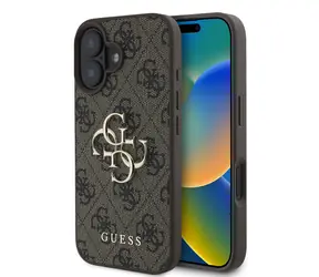 Guess PU 4G Metal Logo Zadní Kryt pro Apple iPhone 16 hnědá