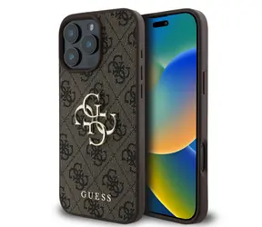 Guess PU 4G Metal Logo Zadní Kryt pro Apple iPhone 16 Pro hnědá