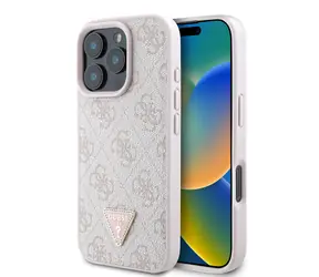 Guess PU 4G Strass Triangle Metal Logo Zadní Kryt pro Apple iPhone 16 Pro Max růžová