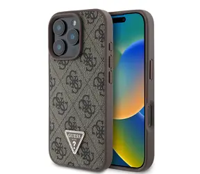 Guess PU 4G Strass Triangle Metal Logo Zadní Kryt pro Apple iPhone 16 Pro Max hnědá