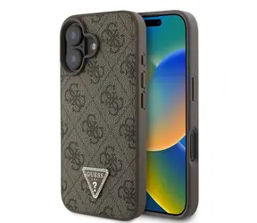 Guess PU 4G Strass Triangle Metal Logo Zadní Kryt pro Apple iPhone 16 hnědá