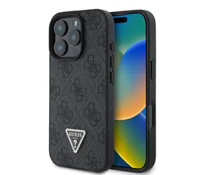 Guess PU 4G Strass Triangle Metal Logo Zadní Kryt pro Apple iPhone 16 Pro černá