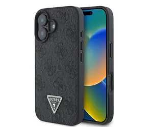 Guess PU 4G Strass Triangle Metal Logo Zadní Kryt pro Apple iPhone 16 černá