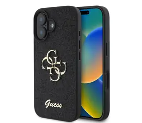 Guess PU Fixed Glitter 4G Metal Logo Zadní Kryt pro Apple iPhone 16 černá